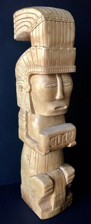 Vintage Large Hand Carved Wood Aztec Mayan Figure Statue 15.  5” Tall