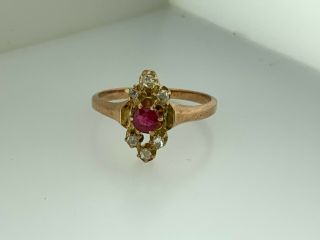 Antique Victorian Ruby And Mine Cut Diamond 14k Yellow Gold Ring Band Size 5 3/4