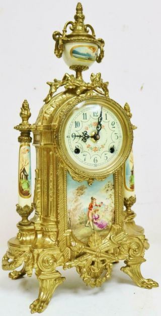 Vintage Franz Hermle 8 Day Bronze & Cream Porcelain Panelled Mantel Clock Set 2
