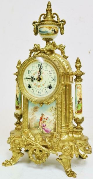 Vintage Franz Hermle 8 Day Bronze & Cream Porcelain Panelled Mantel Clock Set 3