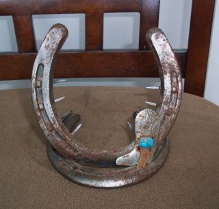 Vintage Croix Forge Iron Horseshoe Western Cowboy Picture Holder Boot Art Peice