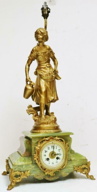 Antique French 8 Day Gilt Metal & Green Onyx Lady Figure Mantel Clock & Lamp