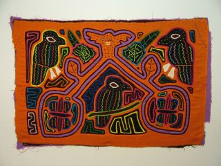 Mola Kuna " Three Birds And Three Butterflies " Hand Stitched Fabric Wall Art