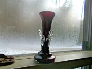 Antique Ruby Red Art Glass Vase Applied Clear Glass Leaves 5 " Tall Hand Blown