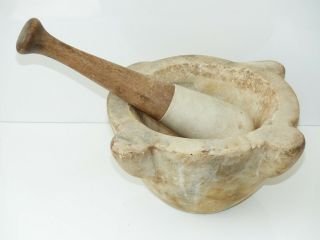 Unusual Large Antique / Vintage Kitchen White Marble Pestle And Mortar