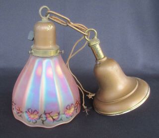 Antique Pendant Lamp W/ Signed Nuart Iridescent Carnival Glass Lamp Shade Fx251