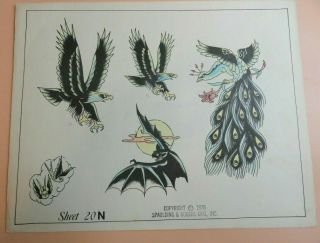 Vintage 1976 Rare Spaulding & Rogers Tattoo Flash Sheet 20n Eagles Bat Peacock