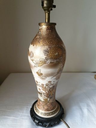 Stunning Vintage Antique Satsuma Vase Lamp Wooden Base Fine Art Hand Paintrd