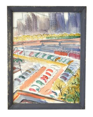 Vintage 1950 Abstract Watercolor Painting Chicago Michigan Ave Shore Dick Fort