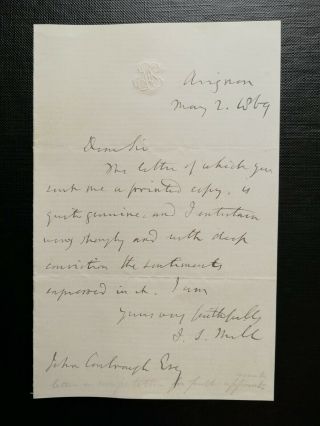 John Stuart Mill - English Philosopher - Philosophy - Autograph Letter - 1869