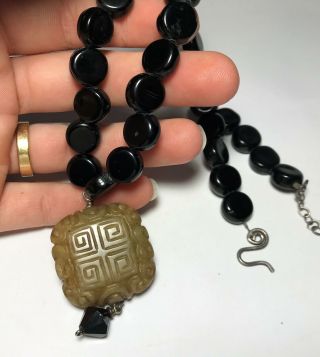 Vtg Carved Chinese Celadon Jade Black Onyx Necklace Amulet Medallion