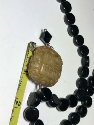 Vtg Carved Chinese Celadon Jade Black Onyx Necklace Amulet Medallion 3