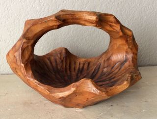 Vintage Hand Carved Wood Bowl Basket W/ Handle 8 X 5 X 6 Primitive Rustic Folk A