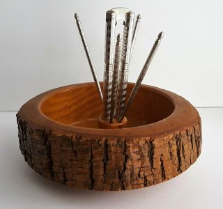 Elwood Nut Bowl Nutcracker & 4 Picks Vintage Tree Bark Wooden Wood Bowl