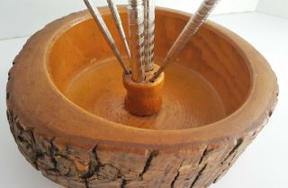 Elwood Nut Bowl Nutcracker & 4 Picks Vintage Tree Bark Wooden Wood Bowl 3
