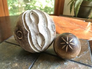 Vintage Carved Wood Decorative Orb,  Accent Ball,  Sphere 4 1/2 Inch & 3 Inch (2)