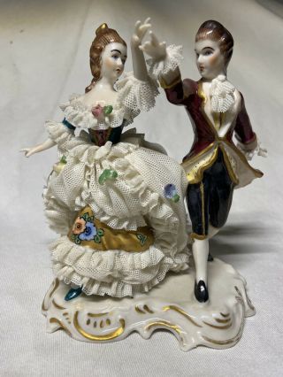 Muller Volkstedt Dresden Lace Porcelain Dancing Couple Figurine Germany