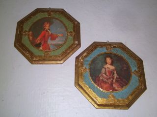 Vintage Pair Wooden Portrait Plaques Italy Gold Gilt Florentine 6.  25 " Hexagon