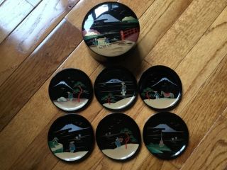 Vintage Hand - Painted Set Of 6 Lacquer Japanese Coasters With Case