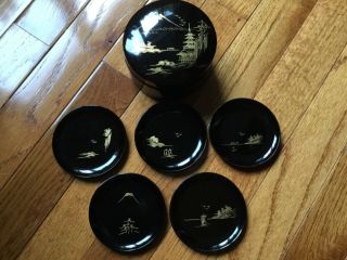 Vintage Hand - Painted Black/gold Set Of 5 Lacquer Japanese Coasters With Case