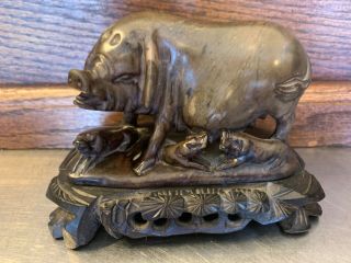 Vintage Chinese Carved Stone Pig Boar Hog Piglets Sculpture Statue Art Wood Base