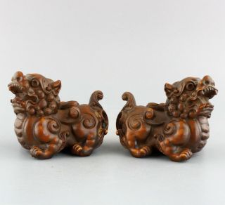 Collect Handwork Old Boxwood Hand - Carved A Pair Exorcism Auspicious Kylin Statue