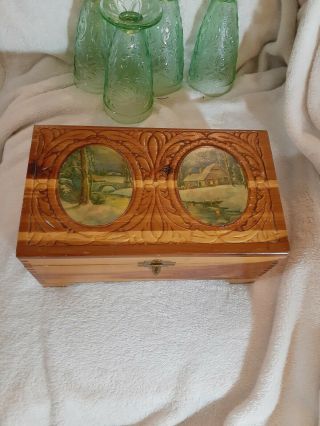 Vintage Handmade Cedar Wood Carved Jewelry Box With Painted Scenes