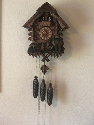 German Bears Wood Cuckoo Clock Hand Made In Germany W Dancing Dolls And Bird