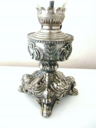 Rare Old Victorian Silver Plated Miniature Oil Lamp And Shade,  Made In Hong Kong
