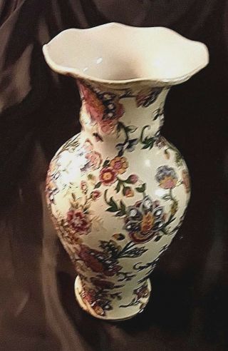 Vintage Chinese Porcelain Vase 12 " Hand Painted Pink Blue Floral Fluted Top 17