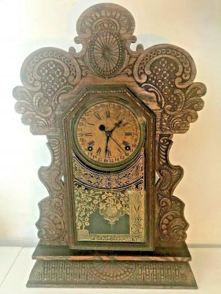 Antique E Ingraham Gala Parlor Gingerbread Calendar Kitchen Gong Chime Clock