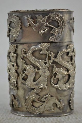 Chinese Old Copper Plating Silver Carving Dragon Phoenix Tobacco Box A01