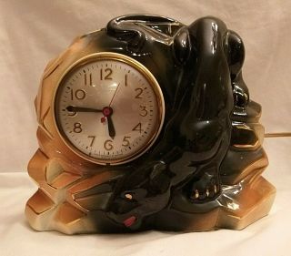 Vintage Mid Century Modern Black Panther Ceramic Sessions Clock Made In Usa Work