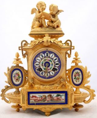 Antique Mantle Clock Stunning French 8day Gilt & Cobolt Blue Sevres Cherub