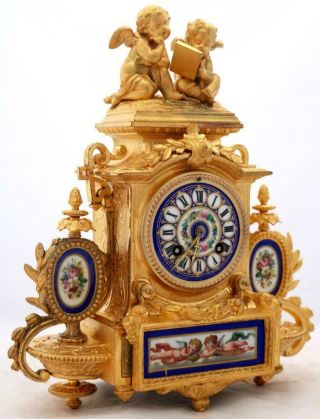 Antique Mantle Clock Stunning French 8Day Gilt & Cobolt Blue Sevres Cherub 3