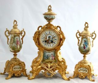 Antique French Mantle Clock Gilt Metal & Sevres 3 Piece Garniature Set