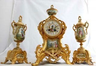 Antique French Mantle Clock Gilt Metal & Sevres 3 Piece Garniature Set 2