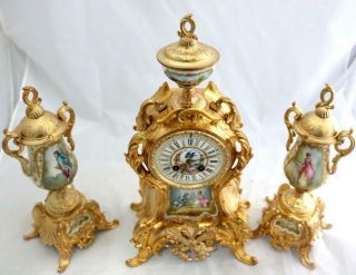 Antique French Mantle Clock Gilt Metal & Sevres 3 Piece Garniature Set 3