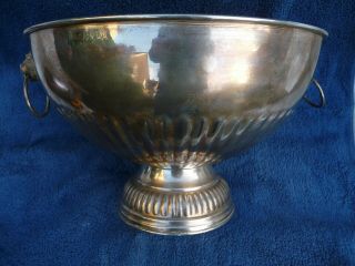 Vintage French Very Large Silver Wine Cooler Punch Bowl Ribbed Body,  Lion Handles
