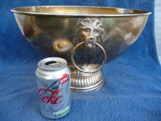 Vintage French Very Large Silver Wine Cooler Punch Bowl Ribbed Body,  Lion Handles 3