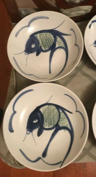 Vintage Set of Four (4) Blue Hand painted China Koi Fish Large Bowls Size 9” 2