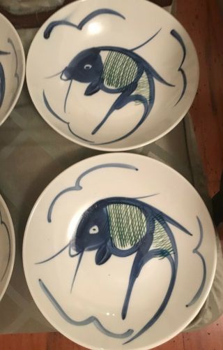 Vintage Set of Four (4) Blue Hand painted China Koi Fish Large Bowls Size 9” 3