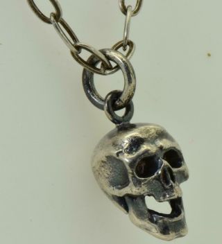 Antique 19th C.  Victorian Sterling Silver Skull Charm Pendant & Silver Chain