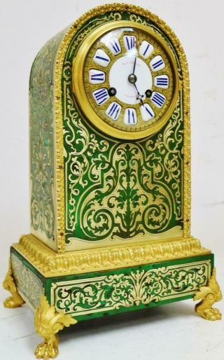 Rare Antique French 8day Green Shell,  Bronze Ormolu & Inlaid Boulle Mantel Clock