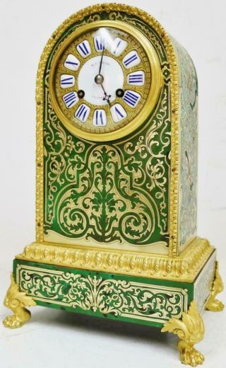 Rare Antique French 8Day Green Shell,  Bronze Ormolu & Inlaid Boulle Mantel Clock 2