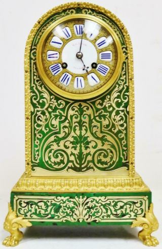Rare Antique French 8Day Green Shell,  Bronze Ormolu & Inlaid Boulle Mantel Clock 3