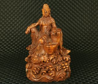 Unique Chinese Old Boxwood Guan Yin Buddha On Stone Figure Statue Decoration