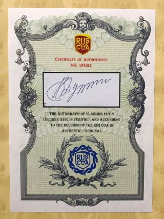 President Vladimir Putin Signed Russian Decree 326 Autographed w/ RUS 3
