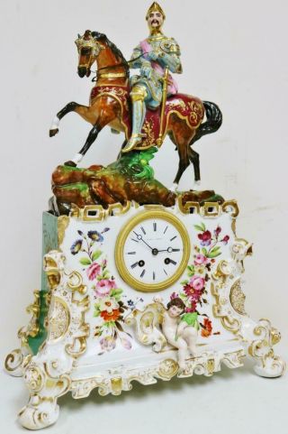 Antique French Porcelain Horse Figural Mantel Clock Hard Paste Porcelain Clock