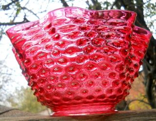 Fine Fenton Cranberry Hobnail Art Glass Oil Lamp Shade 8.  75 " Wide